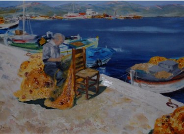 Painting titled "Pêcheur grec" by Isabelle Rombi, Original Artwork, Oil