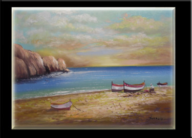 Pittura intitolato "marina cu barci  n77" da Isabela Seralio, Opera d'arte originale, Olio