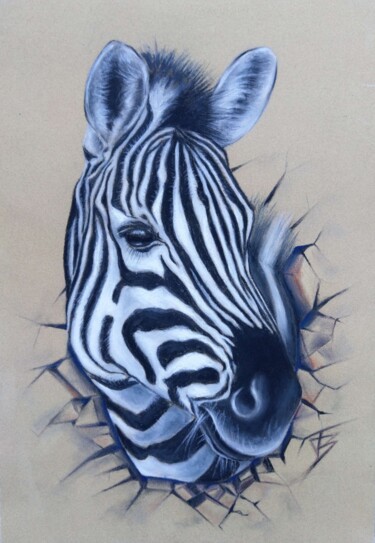Drawing titled "Le Zebre" by Isabelle Blanc, Original Artwork, Pastel Mounted on Cardboard