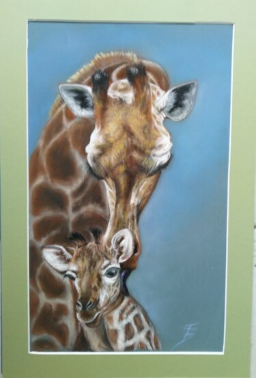 Dibujo titulada "Les Girafes" por Isabelle Blanc, Obra de arte original, Pastel Montado en Cartulina