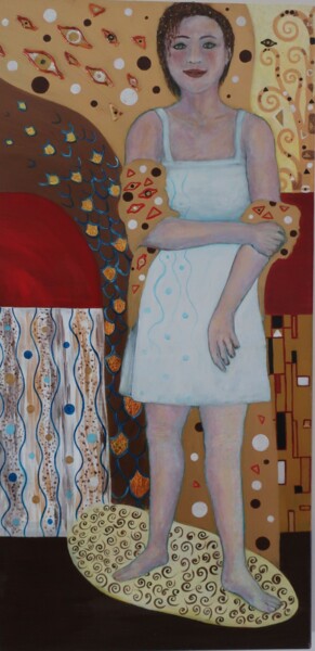 Schilderij getiteld "A la mode de Klimt" door Isabelle Blanc, Origineel Kunstwerk, Acryl Gemonteerd op Frame voor houten bra…