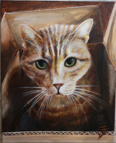 Картина под названием "Cat in the box" - Isabelle Blanc, Подлинное произведение искусства, Акрил