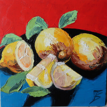 Painting titled "Les citrons" by Isabelle Blanc, Original Artwork, Oil Mounted on Cardboard