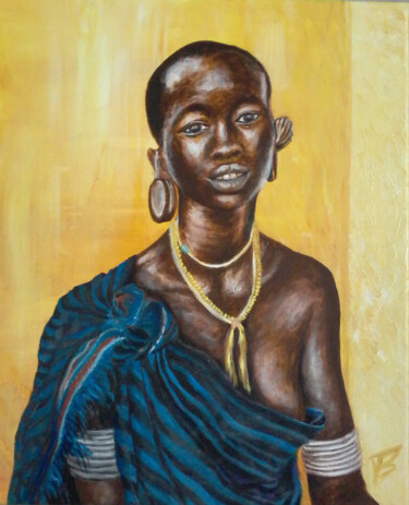 Schilderij getiteld "L'Africaine" door Isabelle Blanc, Origineel Kunstwerk, Acryl Gemonteerd op Frame voor houten brancard