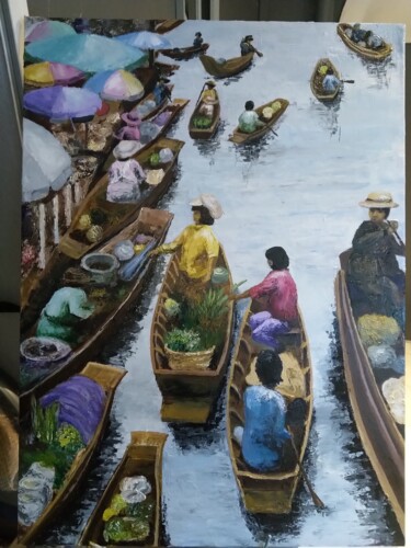 Painting titled "Marché Thailandais" by Isabelle Blanc, Original Artwork, Oil Mounted on Wood Panel