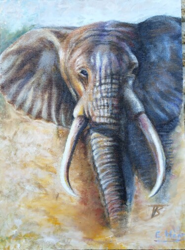Painting titled "L'éléphant" by Isabelle Blanc, Original Artwork, Oil Mounted on Wood Panel