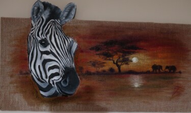 Painting titled "Le Zebre en Afrique" by Isabelle Blanc, Original Artwork, Oil Mounted on Wood Panel