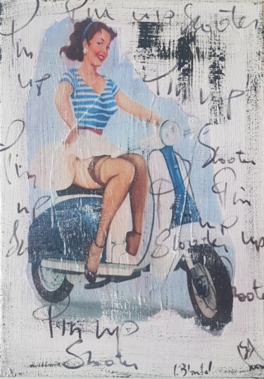 「Pin up scooter」というタイトルのコラージュ Isabelle Blondelによって, オリジナルのアートワーク, コラージュ