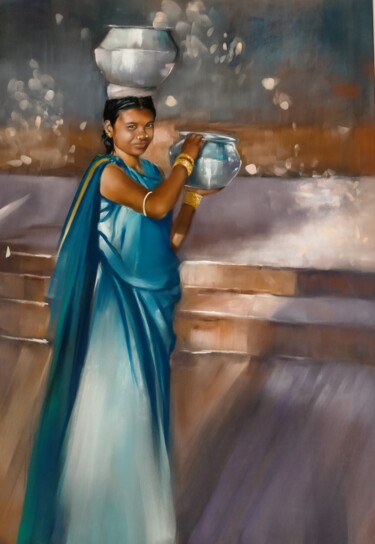 Painting titled "Jeune fille indienne" by Isabelle Boccalini, Original Artwork, Pastel