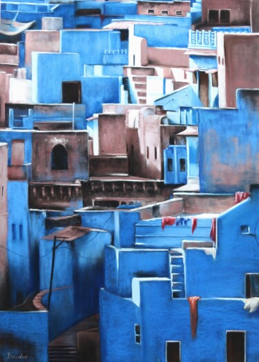 Pintura titulada "La ville bleue" por Isabelle Boccalini, Obra de arte original, Pastel
