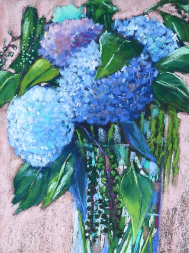 Malerei mit dem Titel "Bouquet aux Hortens…" von Isabelle Boccalini, Original-Kunstwerk, Pastell