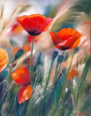 Painting titled "Coquelicots" by Isabelle Boccalini, Original Artwork, Pastel
