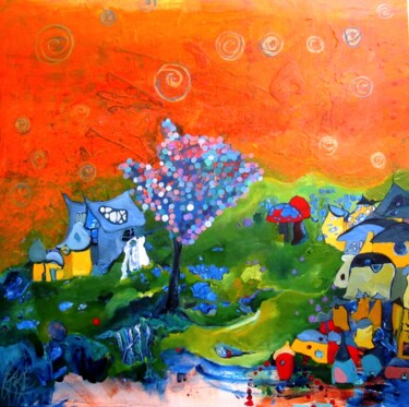 Painting titled "L'ARBRE À BOULES" by Isabelle Brisset, Original Artwork, Oil