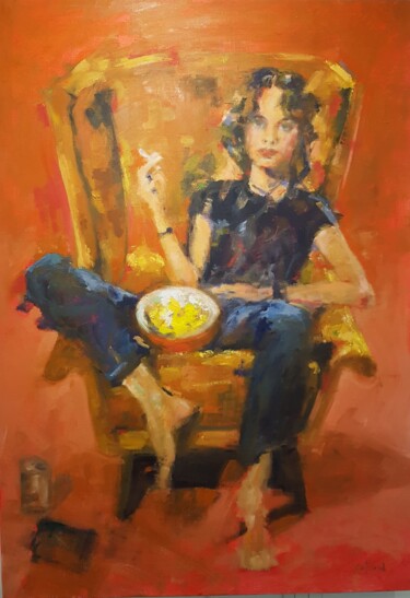 Painting titled "Chips alors!" by Isabelle Cotillard, Original Artwork, Oil Mounted on Wood Stretcher frame