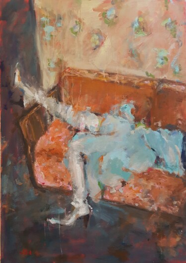 Painting titled "Canapé bien confort…" by Isabelle Cotillard, Original Artwork, Oil Mounted on Wood Stretcher frame