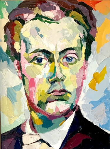 Painting titled "Portrait Delaunay" by Isabelle Cros (Cléorel), Original Artwork, Oil Mounted on Wood Stretcher frame