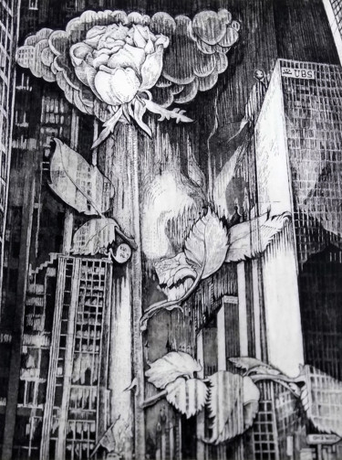 Druckgrafik mit dem Titel "LA ROSE DU MOMA" von Isabelle Delamarre, Original-Kunstwerk, Radierung