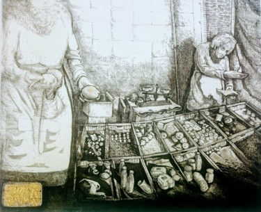 Druckgrafik mit dem Titel "La transaction a Ma…" von Isabelle Delamarre, Original-Kunstwerk, Gravur