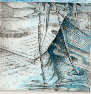 Gravures & estampes intitulée "BATEAU DE PECHE ILE…" par Isabelle Delamarre, Œuvre d'art originale, Gravure