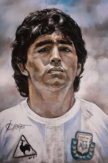 Malerei mit dem Titel "Diego Maradona" von Isabelle Derangere, Original-Kunstwerk, Pastell