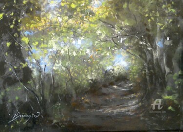 Desenho intitulada "Chemin forestier" por Isabelle Derangere, Obras de arte originais, Pastel
