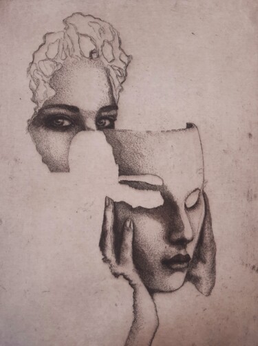 Druckgrafik mit dem Titel ""Bas les masques"." von Isabelle Desaulty, Original-Kunstwerk, Radierung