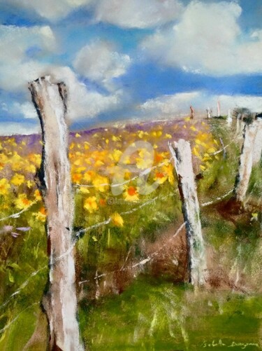 Drawing titled "Champ de tournesols" by Isabelle Douzamy, Original Artwork, Pastel