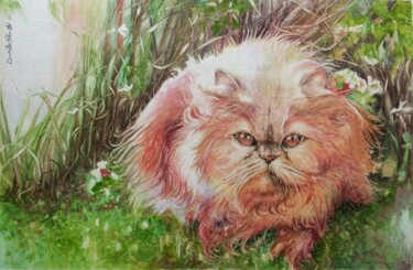 Painting titled "Chat Persan roux" by Isabelle Fontenille, Original Artwork, Watercolor