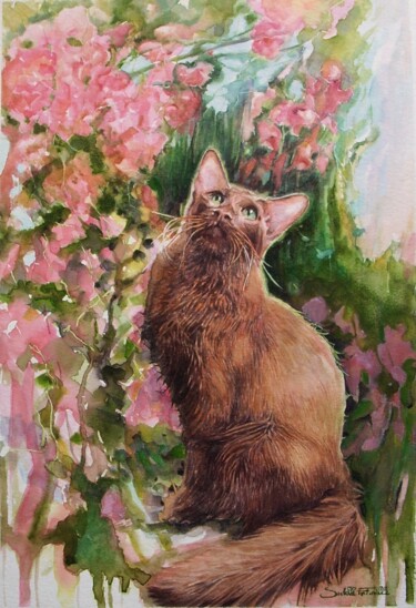 Painting titled "Chat Havana Brown" by Isabelle Fontenille, Original Artwork, Watercolor