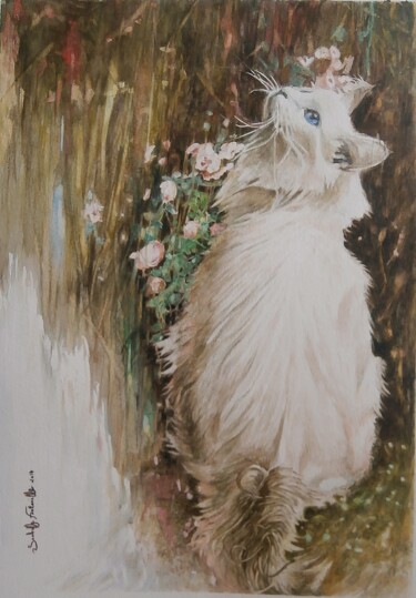 Painting titled "Chat blanc" by Isabelle Fontenille, Original Artwork, Watercolor