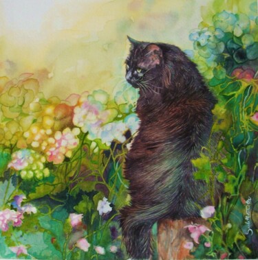 Malerei mit dem Titel "Chat sibérien" von Isabelle Fontenille, Original-Kunstwerk, Aquarell
