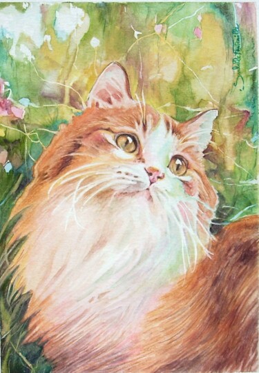 Painting titled "Chat roux et blanc" by Isabelle Fontenille, Original Artwork, Watercolor