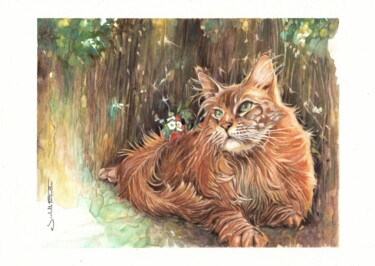 Painting titled "Chat Maine coon" by Isabelle Fontenille, Original Artwork, Watercolor