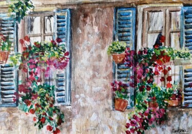Painting titled "En el patio" by Isabelle Jacq (Gamboena), Original Artwork, Watercolor