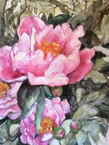 Painting titled "Flores del aire-2" by Isabelle Jacq (Gamboena), Original Artwork, Watercolor