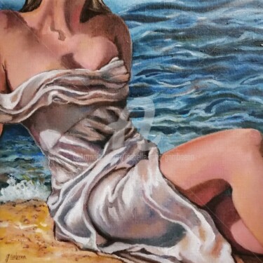 Painting titled ""Perlita y el mar"" by Isabelle Jacq (Gamboena), Original Artwork, Oil