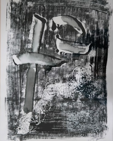 Printmaking titled "L'outil" by Isabelle Langlois, Original Artwork, Monotype Mounted on Glass