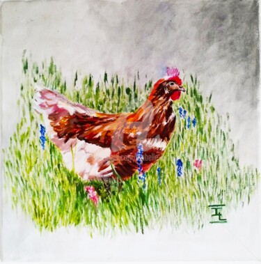 Painting titled "La poule rousse" by Isabelle Lucas, Original Artwork, Oil