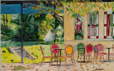 Painting titled "Restaurant sur les…" by Isabelle Lucas, Original Artwork, Oil Mounted on Wood Stretcher frame