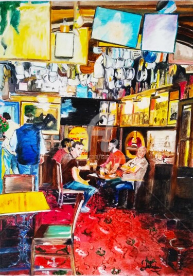 Painting titled "London pub -" by Isabelle Lucas, Original Artwork, Oil Mounted on Wood Stretcher frame