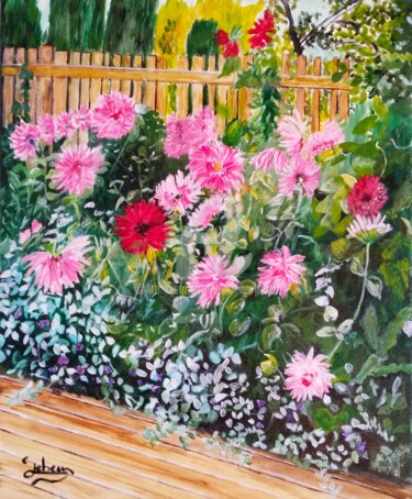 Malerei mit dem Titel "Dalhias du jardin -…" von Isabelle Lucas, Original-Kunstwerk, Öl Auf Keilrahmen aus Holz montiert