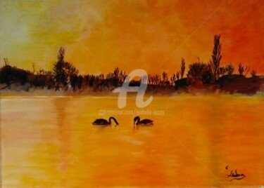 Painting titled "Le lac des cygnes" by Isabelle Lucas, Original Artwork, Oil Mounted on Wood Stretcher frame