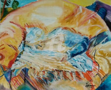 Painting titled "Le chat bleu" by Isabelle Lucas, Original Artwork, Oil Mounted on Wood Stretcher frame