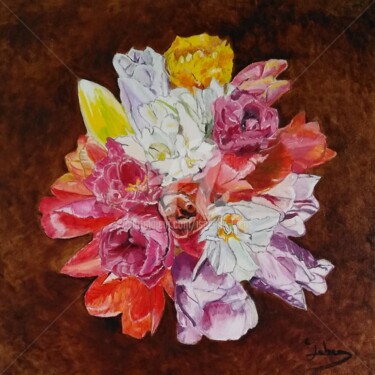 Painting titled "Bouquet de tulipes" by Isabelle Lucas, Original Artwork, Oil Mounted on Wood Stretcher frame