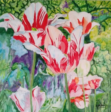 Painting titled "Tulipes du jardin" by Isabelle Lucas, Original Artwork, Oil Mounted on Wood Stretcher frame