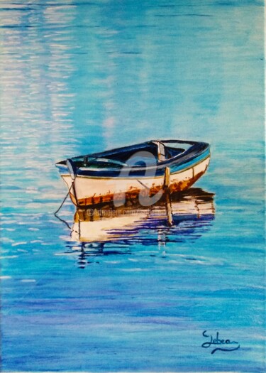 Painting titled "La barque aux refle…" by Isabelle Lucas, Original Artwork, Oil Mounted on Wood Stretcher frame