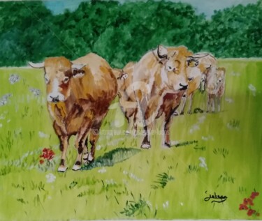 Painting titled "Troupeau de vaches" by Isabelle Lucas, Original Artwork, Oil Mounted on Wood Stretcher frame