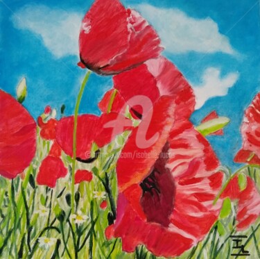 Painting titled "Rêve de coquelicots" by Isabelle Lucas, Original Artwork, Oil Mounted on Wood Stretcher frame