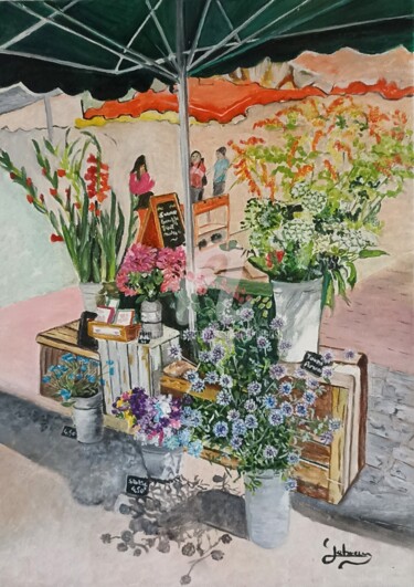 Painting titled "Le petit marché aux…" by Isabelle Lucas, Original Artwork, Oil Mounted on Wood Stretcher frame