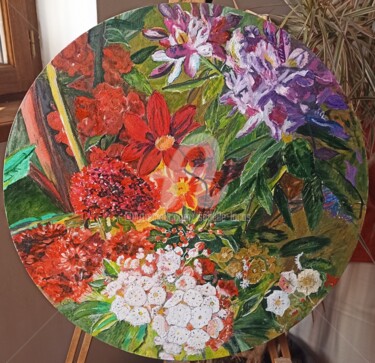 Painting titled "Ronde de fleurs" by Isabelle Lucas, Original Artwork, Oil Mounted on Wood Stretcher frame